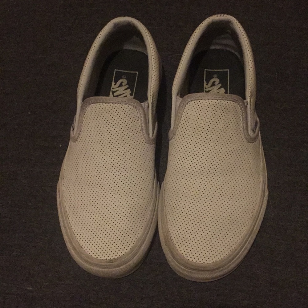 White leather vans slip on